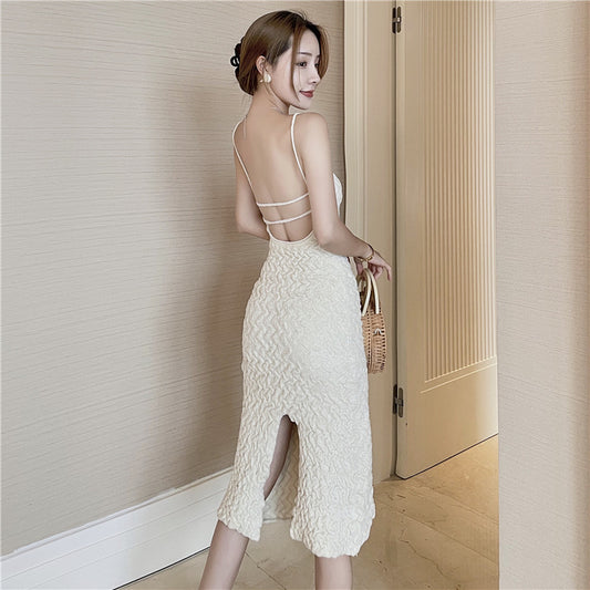 Slim High Waist Sling Slit Velvet Maxi Dress