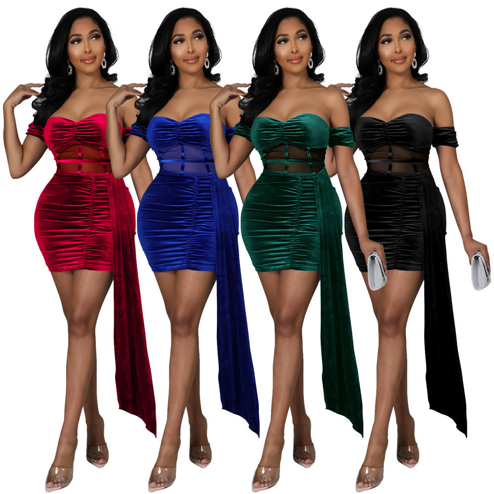 High-stretch Korean Velvet Wrap Chest Slim  One-shoulder Dress