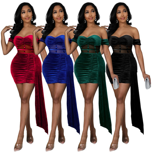 High-stretch Korean Velvet Wrap Chest Slim  One-shoulder Dress